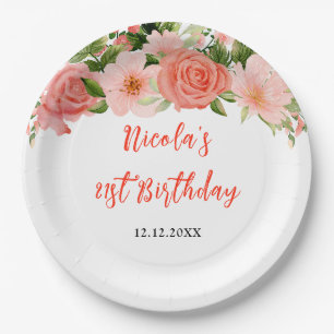 Coral Pink Red Roses Floral Birthday Paper Plate