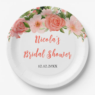 Coral Pink Red Roses Floral Bridal Shower Paper Plate