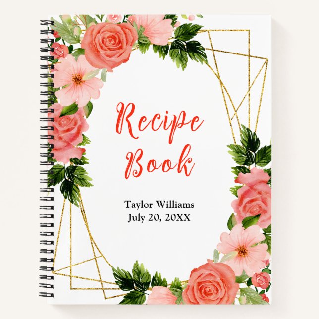Coral Pink Red Roses Floral Recipe Book (Front)