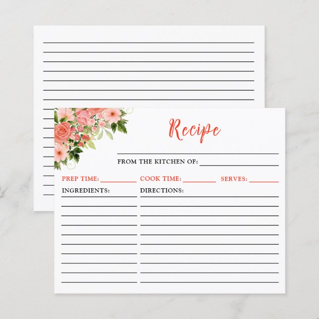 Coral Pink Red Roses Floral Recipe Card (Front/Back)