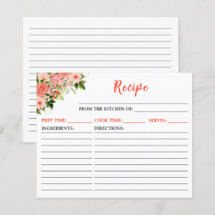 Coral Pink Red Roses Floral Recipe Card
