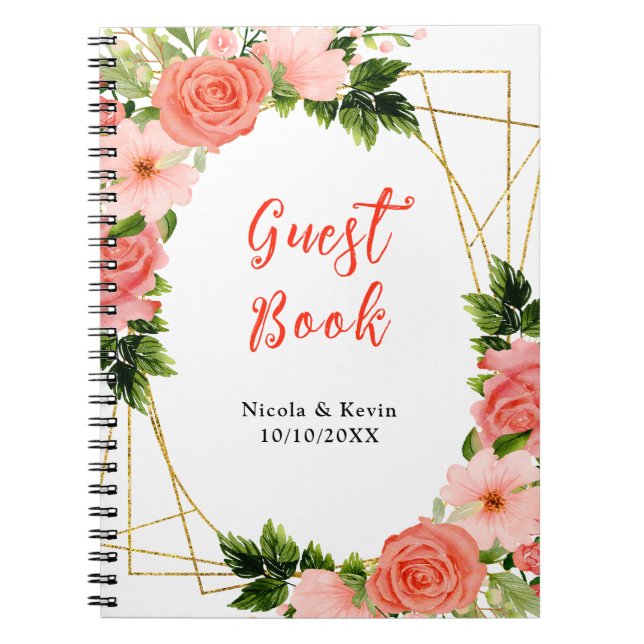 Coral Pink Red Roses Floral Wedding Guest Book (Front)