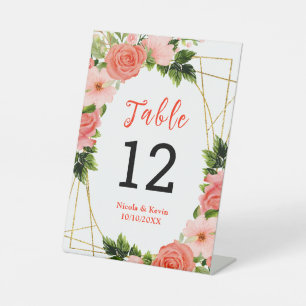Coral Pink Red Roses Floral Wedding Table Number Pedestal Sign