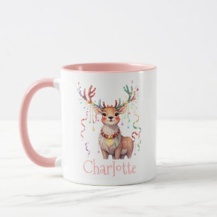 Coral Pink Reindeer and Christmas Festive Lights Mug