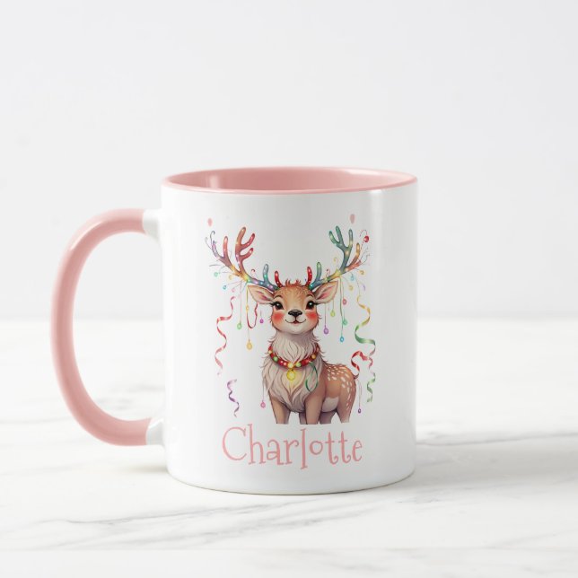 Coral Pink Reindeer and Christmas Festive Lights Mug (Left)