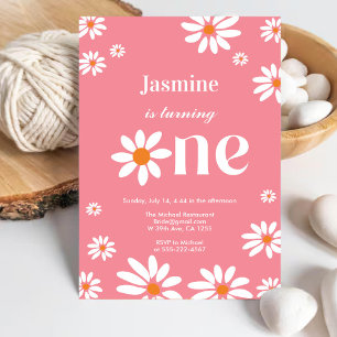 Coral Pink Retro Groovy Daisy Florals 1st Birthday Invitation