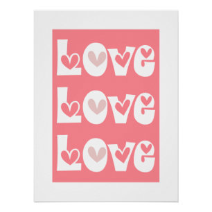 Coral pink retro LOVE typography with hearts Poster