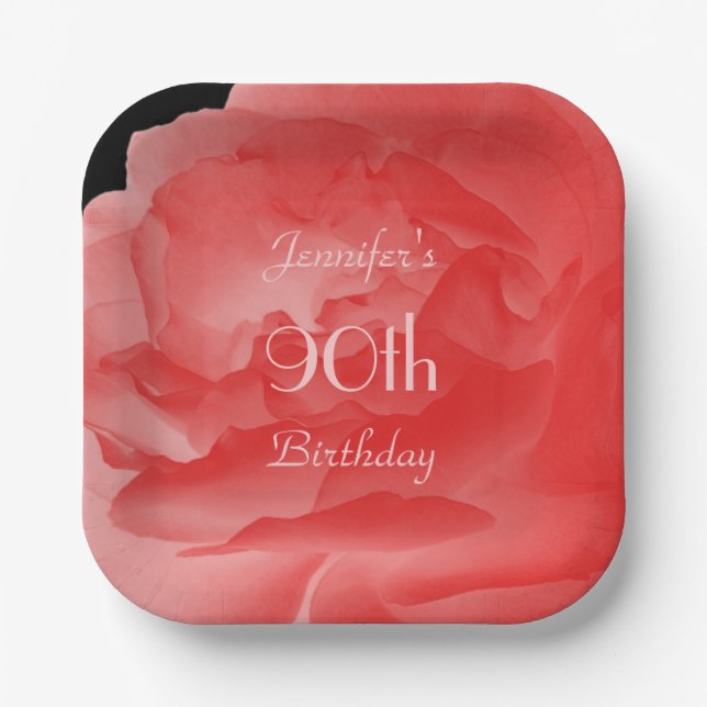 Coral Pink Rose, 90th Birthday Name Floral Square Paper Plate (Front)