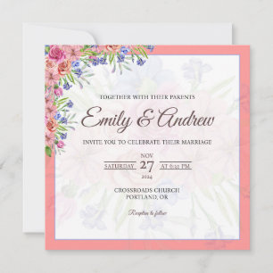 Coral Pink Rose Floral Watercolor Square Wedding Invitation