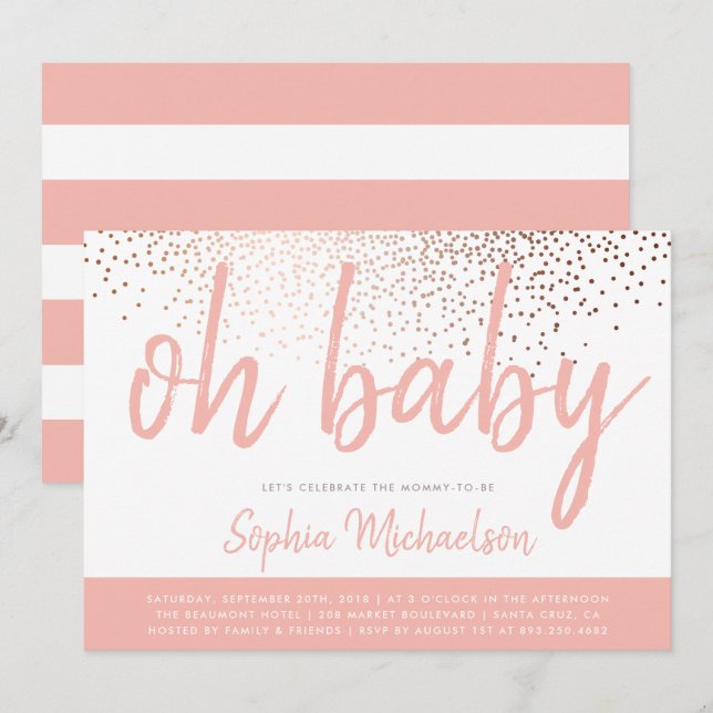 Coral Pink & Rose Gold Confetti Oh Baby Shower Invitation (Front/Back)