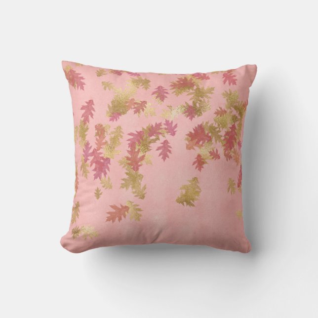 Coral Pink Rose Gold Leafs Foxier Pastel Cushion (Front)