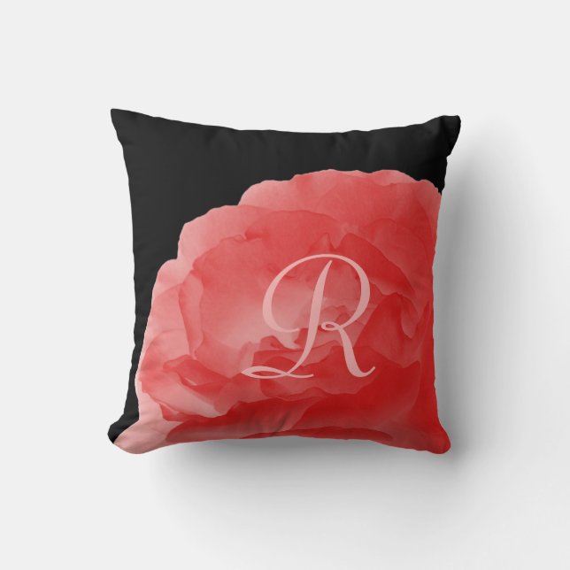 Coral Pink Rose Petals Monogram 16" Square  Cushion (Front)