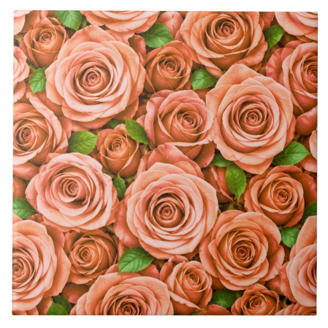 Coral  Pink Roses Floral Pattern Tile (Front)