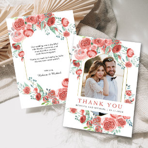 Coral Pink Roses Floral Photo Wedding Thank You Card