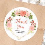 Coral Pink Roses Floral Wedding Thank You Classic Round Sticker<br><div class="desc">This beautiful and elegant wedding thank you sticker features watercolor coral pink red roses and foliage on a gold geometric frame. The text combines handwritten script and serif fonts for a stylish and modern look. This is perfect for a spring or summer rustic wedding.</div>