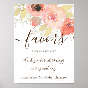Coral Pink Roses & Gold Foliage Wedding Favour Sig Poster