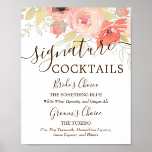 Coral Pink Roses & Gold Wedding Signature Drinks Poster