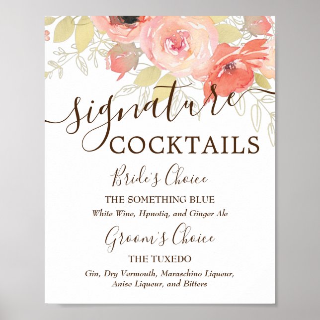 Coral Pink Roses & Gold Wedding Signature Drinks Poster (Front)