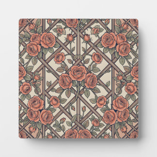 Coral Pink Roses Lattice Trellis Vintage Floral Plaque
