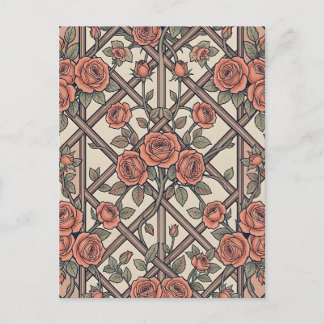 Coral Pink Roses Lattice Trellis Vintage Floral Postcard