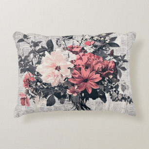 Coral Pink Roses Vintage Newspaper Botanical Art Decorative Cushion