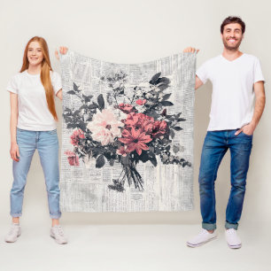 Coral Pink Roses Vintage Newspaper Botanical Art Fleece Blanket