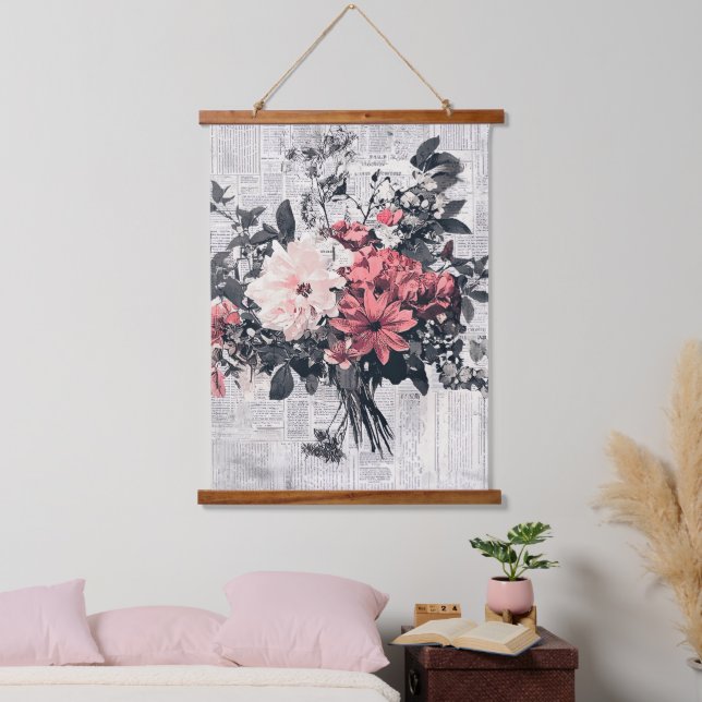Coral Pink Roses Vintage Newspaper Botanical Art Hanging Tapestry (Bedroom)