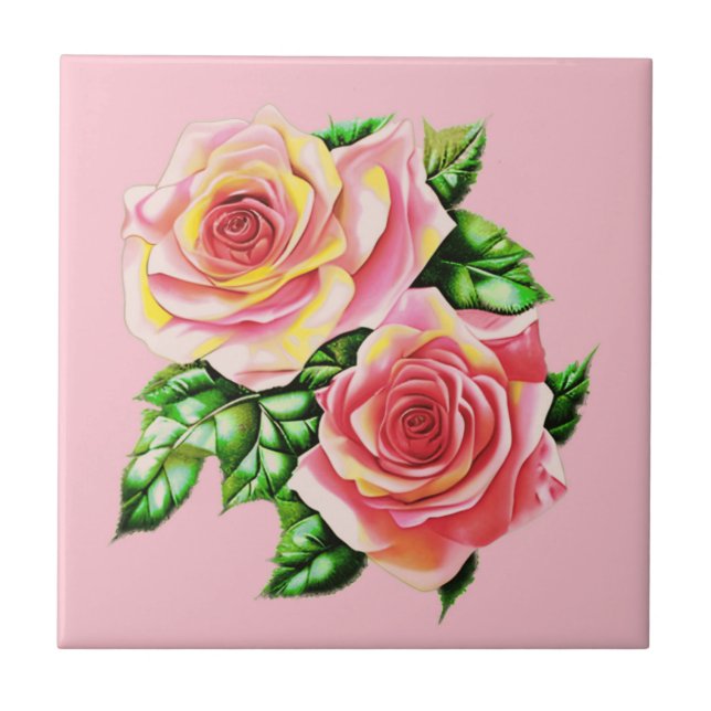 Coral Pink Roses with Jade Green Leaves Tile (Front)