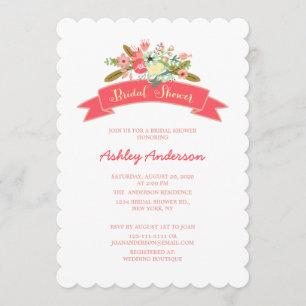 Coral Pink Rustic Floral  Bridal Shower Invitation