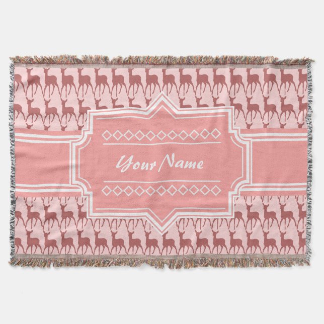 Coral Pink Salmon Deer Pattern | Personalised Throw Blanket (Front)