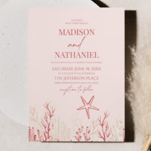 Coral Pink Sea Shell Ocean Beach Wedding Invitation