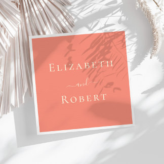 Coral Pink Simple Minimalist Couple Names Wedding Napkin