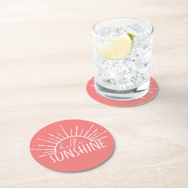 Coral Pink Simple Modern Hello Sunshine   Round Paper Coaster (Insitu)