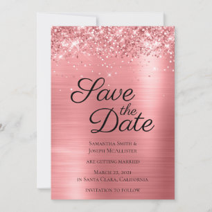 Coral Pink Sparkly Glitter and Ombre Foil Save The Date