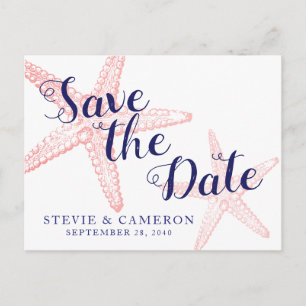 Coral Pink Starfish Beach Save the Date Announcement Postcard