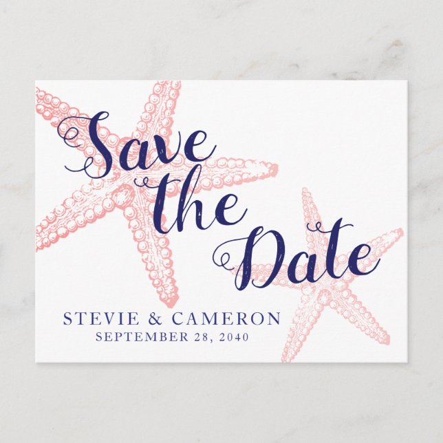 Coral Pink Starfish Beach Save the Date Announcement Postcard (Front)
