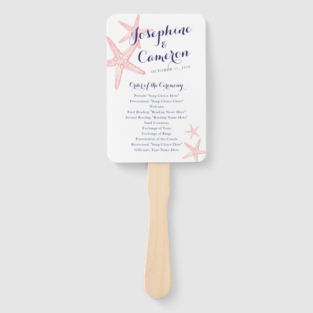 Coral Pink Starfish Beach Wedding Program Hand Fan (Front)