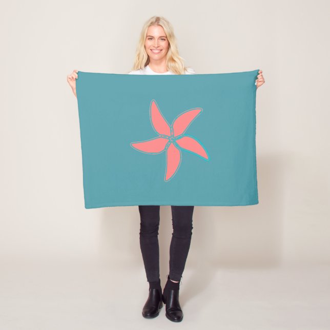 Coral Pink Starfish Cyan Fleece Blanket (In Situ)