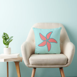 Coral Pink Starfish Light Turquoise Throw Pillow