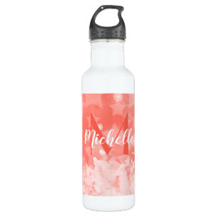 Coral pink Stars pattern Modern Chic Monogram Name 710 Ml Water Bottle
