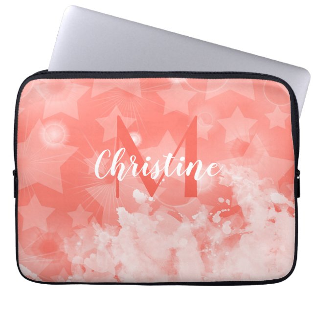 Coral pink Stars pattern Modern Chic Monogram Name Laptop Sleeve (Front)