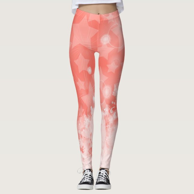 Coral pink Stars pattern White paint Modern Chic Leggings (Front)