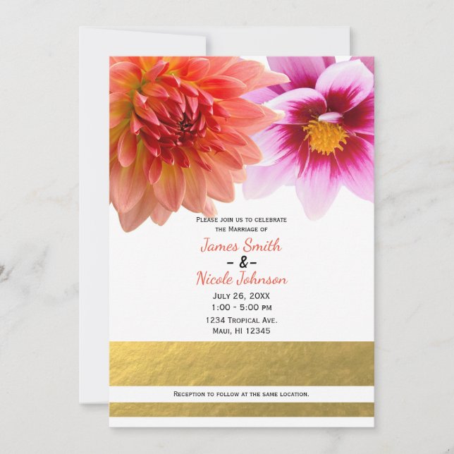 Coral & Pink Summer Dahlia Flowers Floral Wedding Invitation (Front)