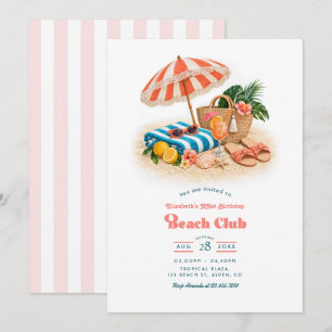 Coral Pink Summer Retro Beach Club Birthday Party Invitation