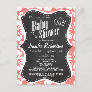 Coral Pink Tropical Hibiscus; Chalkboard look Invitation Postcard
