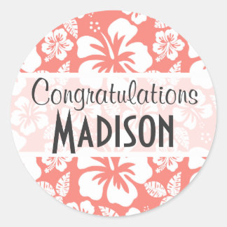 Coral Pink Tropical Hibiscus Classic Round Sticker