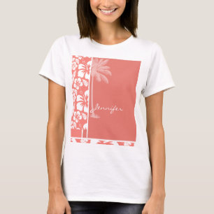 Coral Pink Tropical Hibiscus; Summer Palm T-Shirt