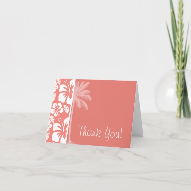 Coral Pink Tropical Hibiscus; Summer Palm Thank You Card (Front)