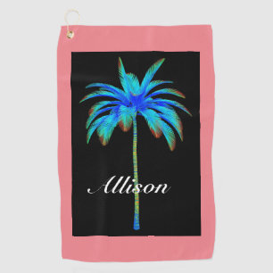 Coral Pink Tropical Palm Tree Personalised Golf Towel