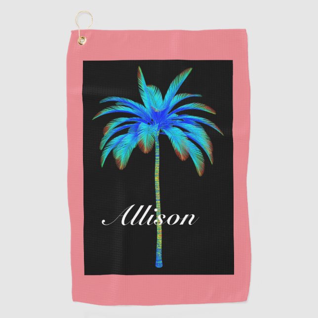 Coral Pink Tropical Palm Tree Personalised Golf Towel (Front)